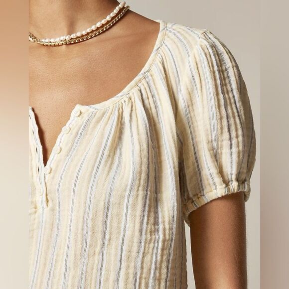 NWT J CREW Puff-sleeve henley in striped gauze in Pale Banana - Picture 3 of 7